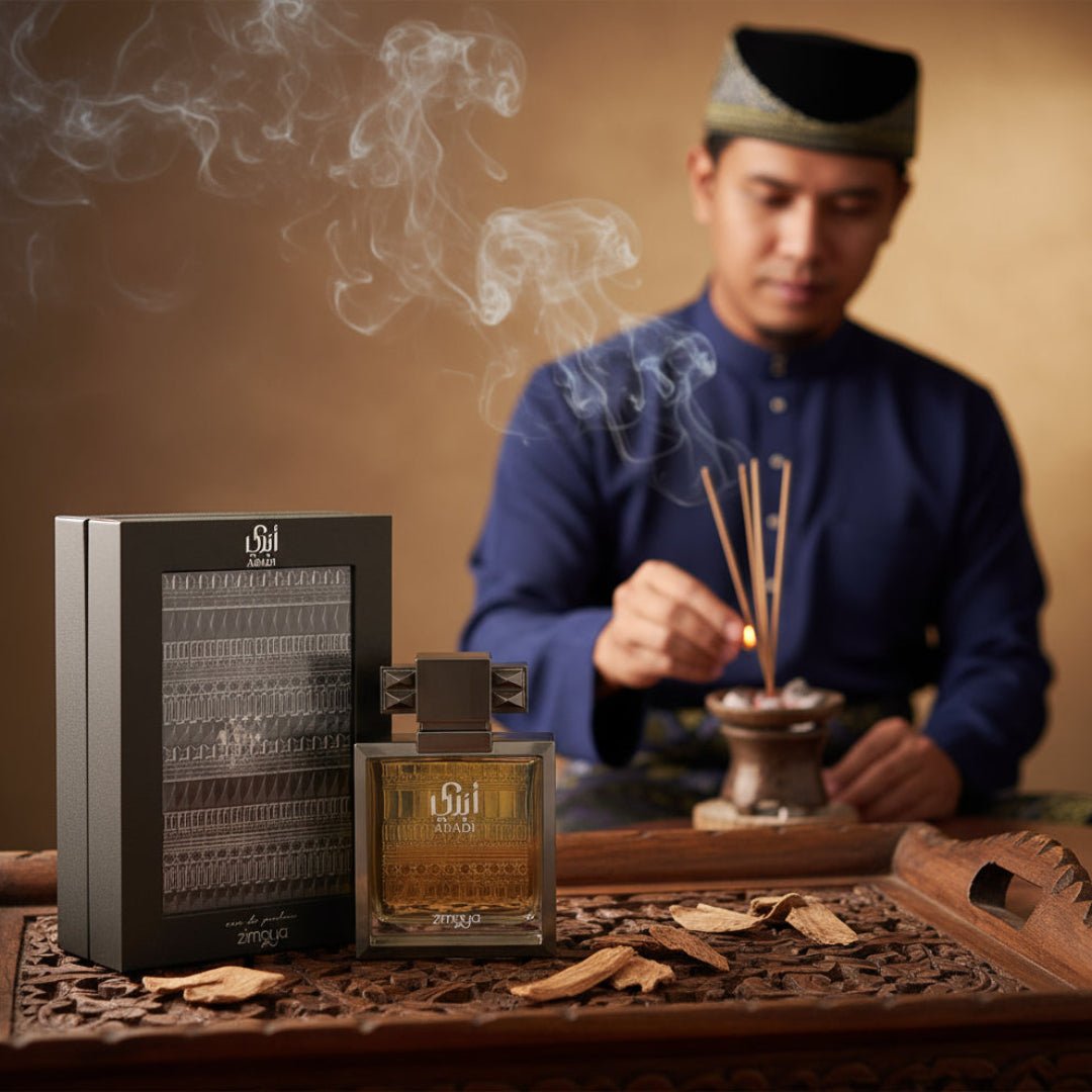 Zimaya Abadi Saga perfume bottle with oud chips and incense heritage men fragrance Malaysia