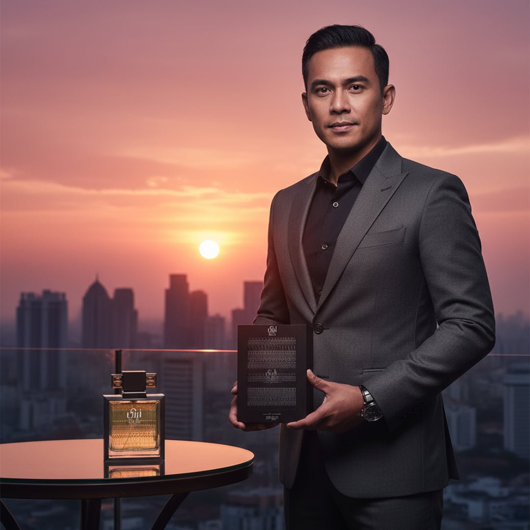 Malay man holding Zimaya Abadi Saga perfume box on rooftop sunrise KL skyline men fragrance Malaysia