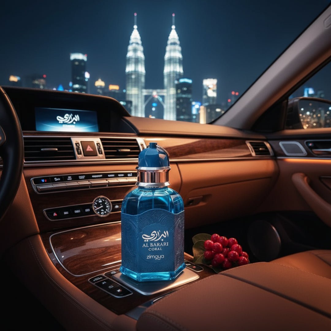 Unisex perfume bottle on car console city skyline night amber lights Malaysia &ndash; Al Barari Coral