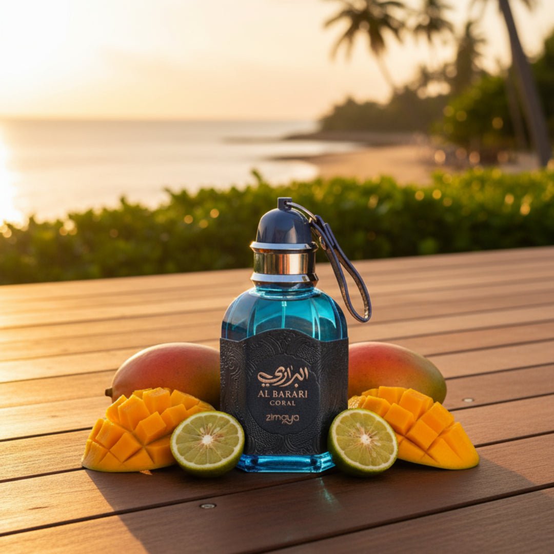 Unisex perfume bottle on teak deck at tropical coastline golden hour with mango and bergamot &ndash; Al Barari Coral Malaysia