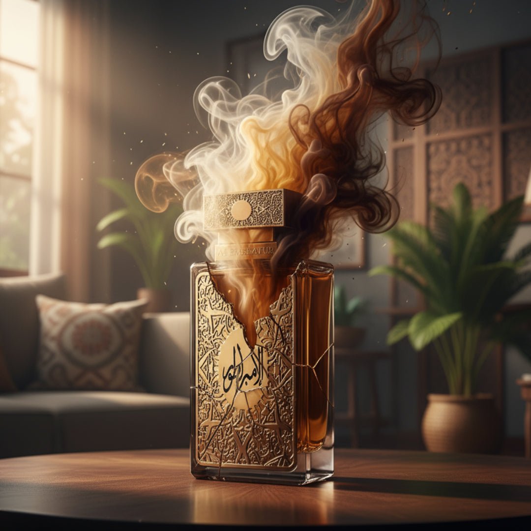 Decorative Al Embratur Elixir 100 ml EDP by Zimaya perfume bottle with smoke effect on a table in a living room setting
