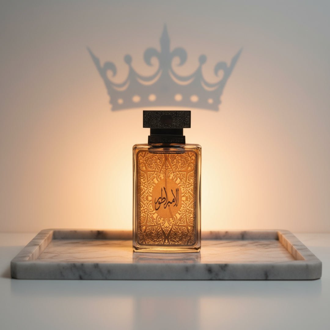 Al Embratur Elixir Bottle centered on marble tray with amber light from behind; subtle crown shadow cast on wall.