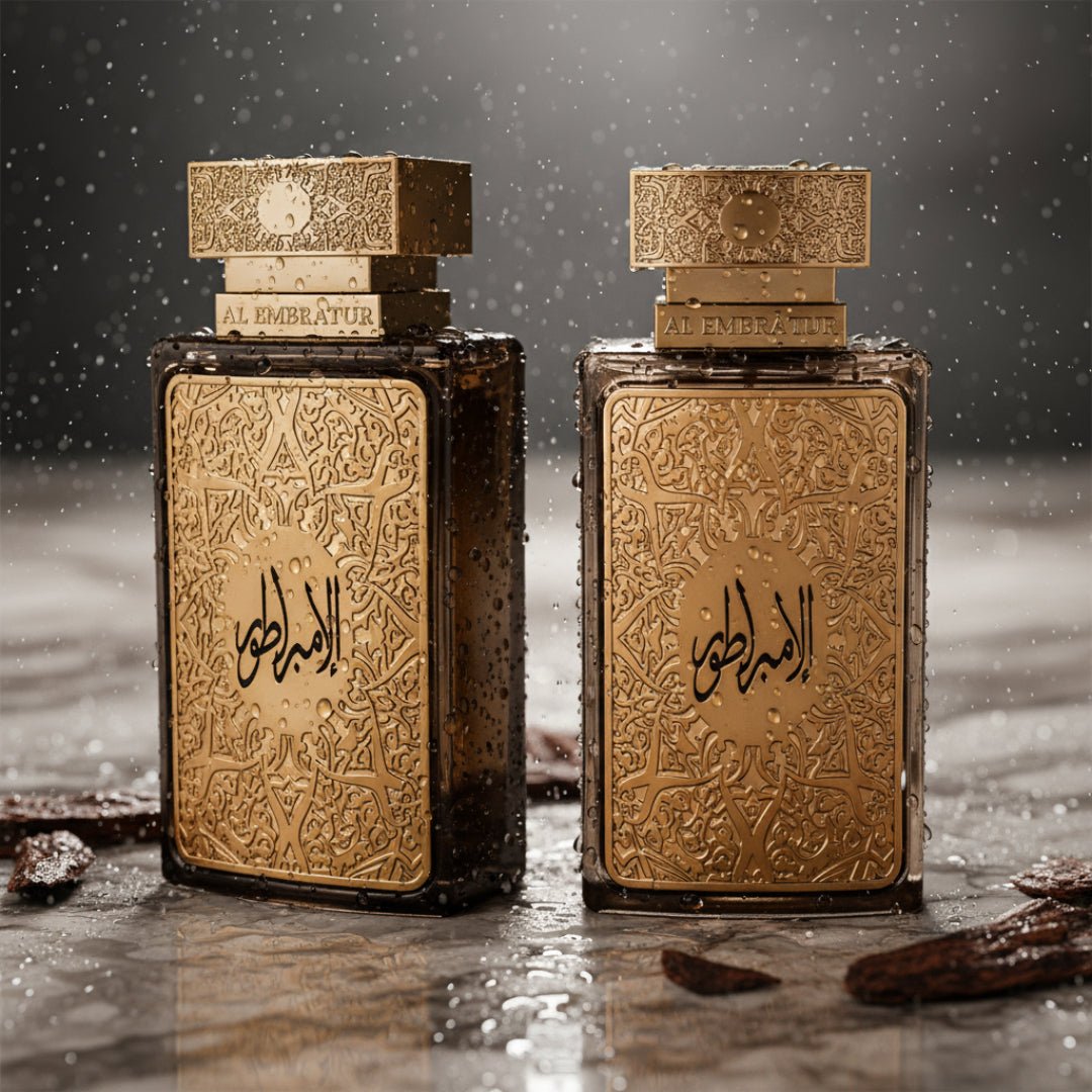 Al Embratur Elixir by Zimaya perfume bottle on wet marble with oud chips rain luxury scent Malaysia