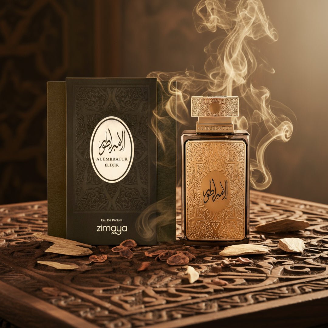 Al Embratur Elixir by Zimaya perfume bottle with oud chips and golden smoke luxury men fragrance Malaysia