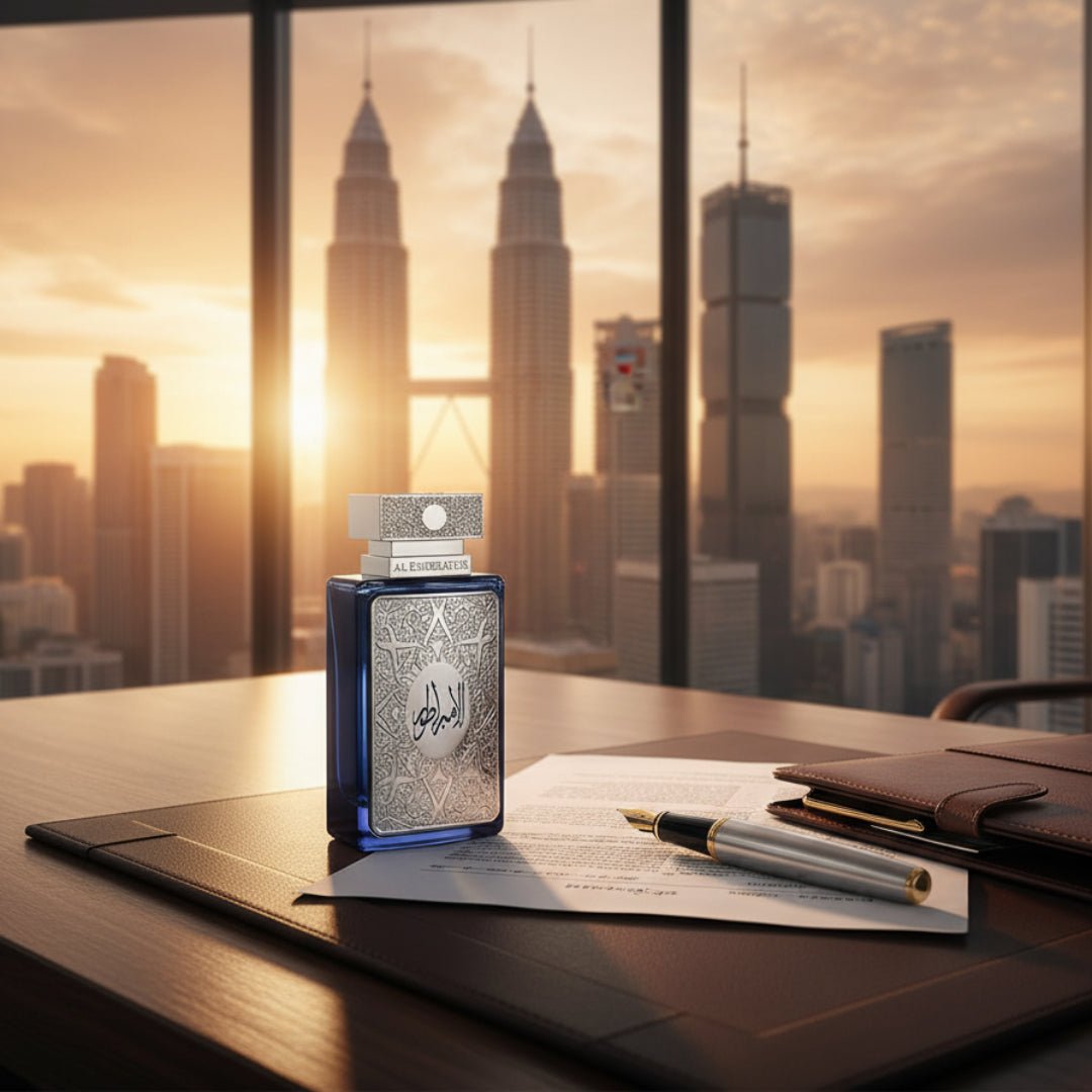 Al Embratur Intense by Zimaya perfume bottle on executive desk with KL city view men luxury scent Malaysia