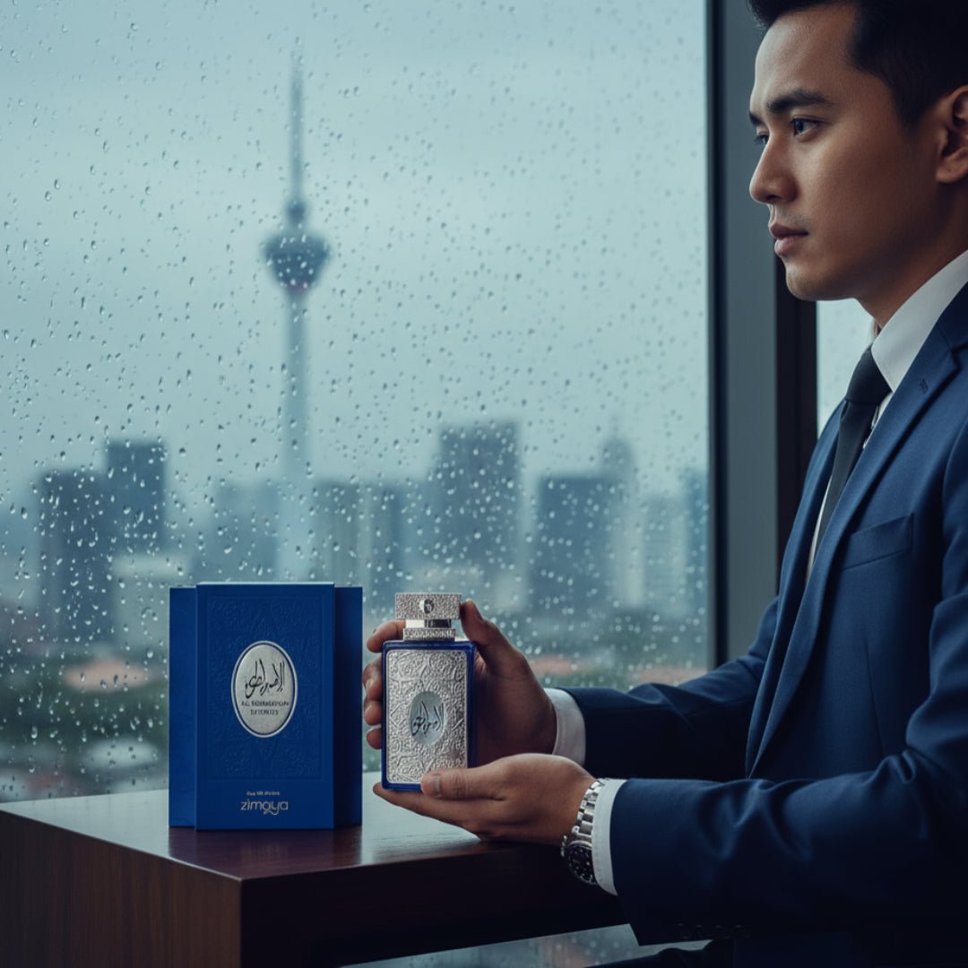 Malay man holding Al Embratur Intense by Zimaya perfume with KL Tower rainy reflection men scent Malaysia