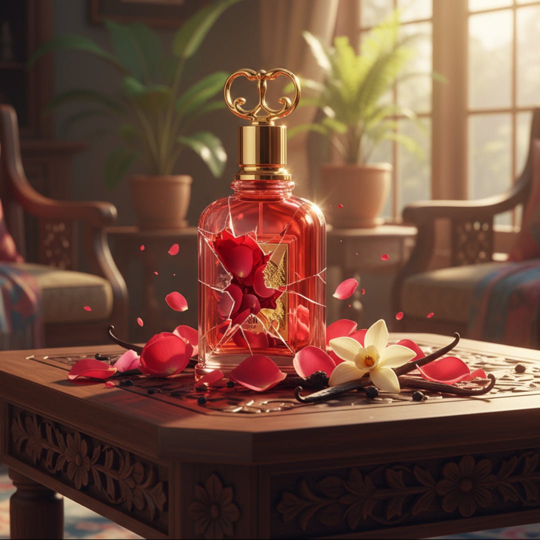 Al Fouz 100ml EDP by Zimaya &ndash; perfume bottle with floral design on a wooden table in a cozy room.
