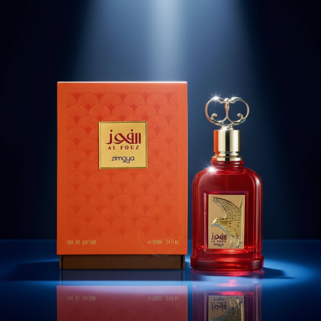 Al Fouz by Zimaya perfume bottle on blue glass surface with white spotlight modern unisex perfume Malaysia