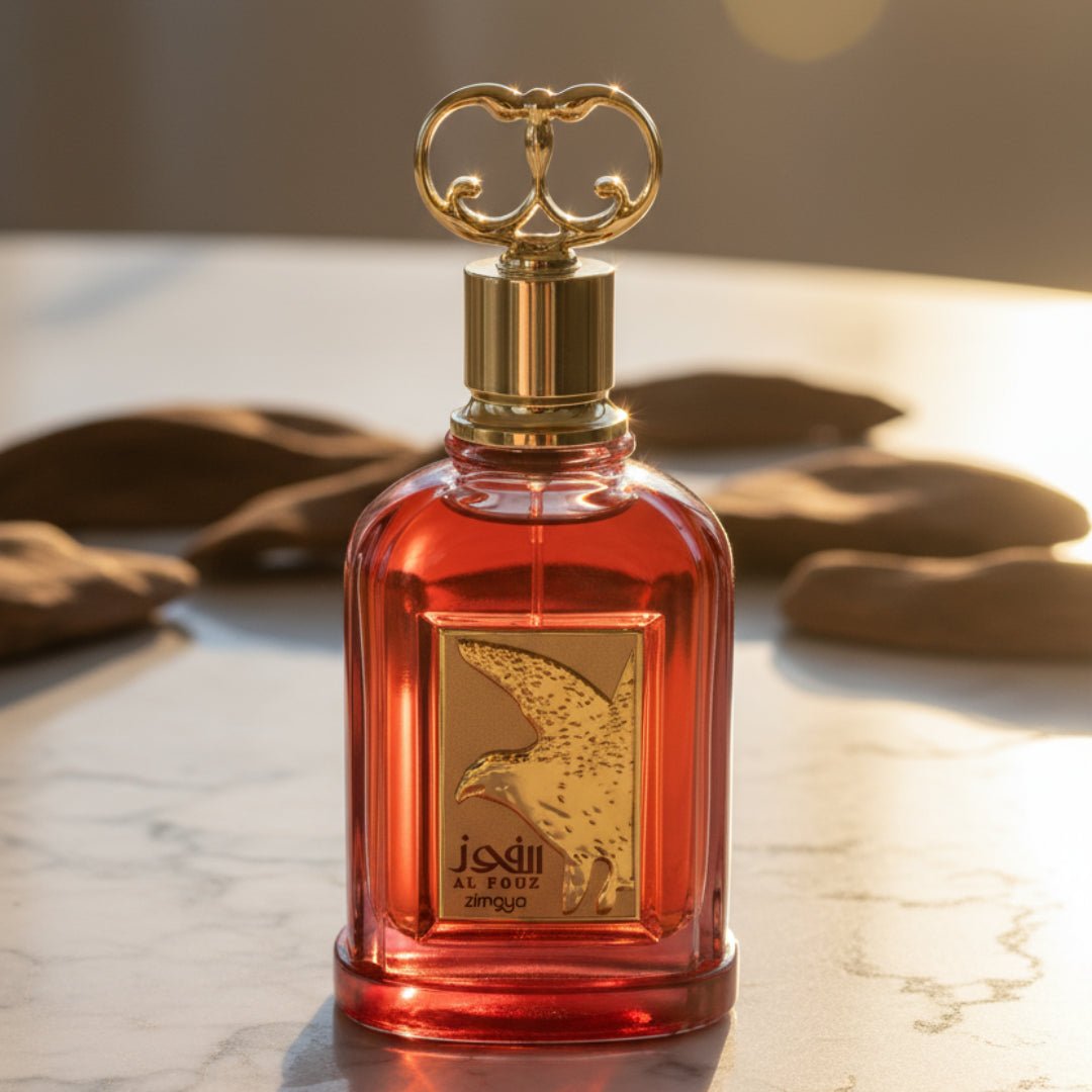 Al Fouz by Zimaya perfume bottle on marble with sunrise light and oud wood luxury unisex fragrance Malaysia