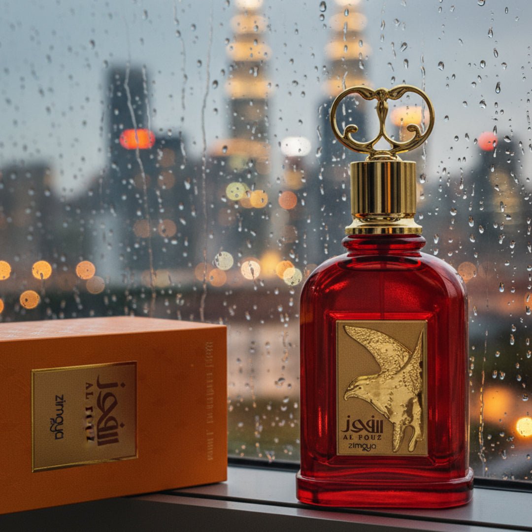 Al Fouz by Zimaya perfume bottle beside rainy window with city lights reflections unisex perfume Malaysia