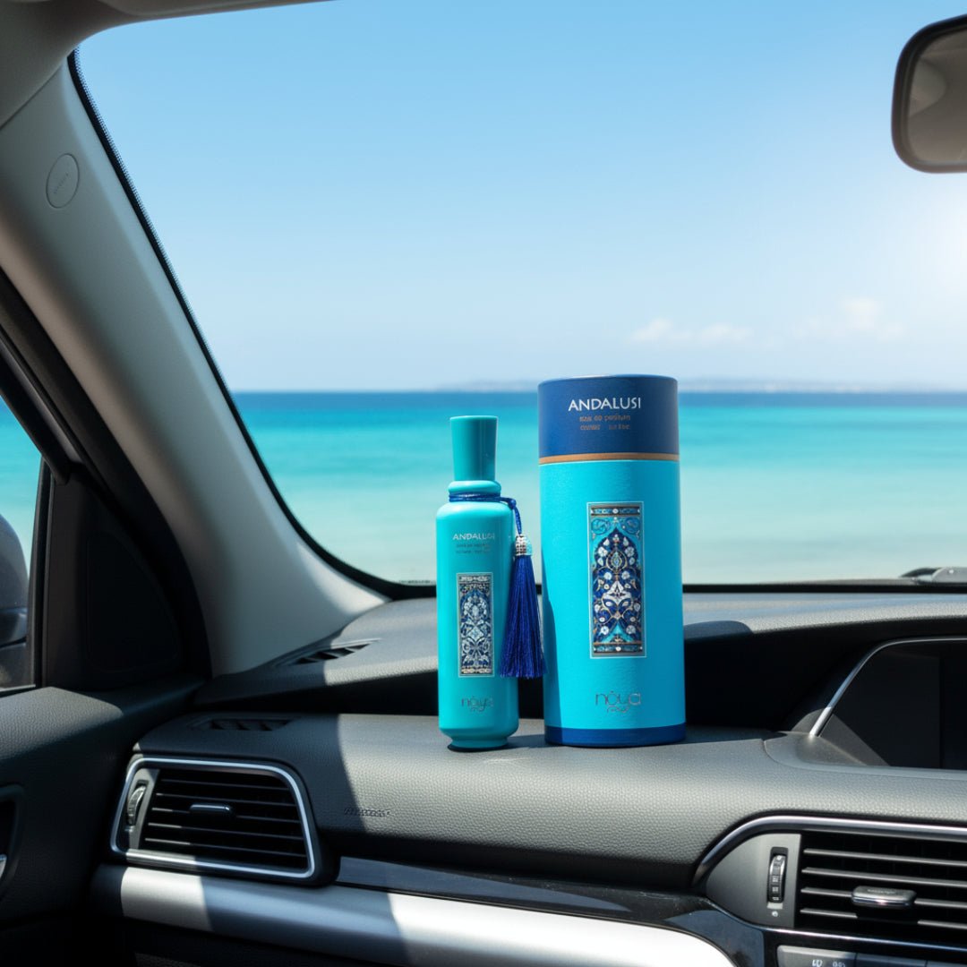 Andalusi Blue by Zimaya perfume bottle on car dashboard with sea view and blue sky fresh men fragrance Malaysia