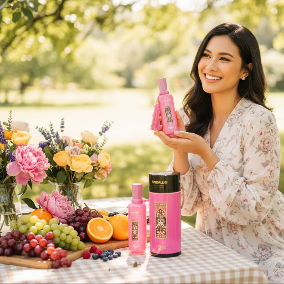 Malay woman holding Andalusi Pink by Zimaya perfume at garden picnic romantic fragrance Malaysia