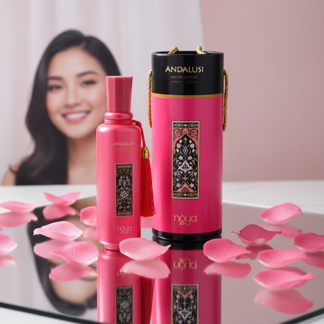 Andalusi Pink by Zimaya perfume bottle on mirror with rose petals Malay woman reflection romantic Malaysia