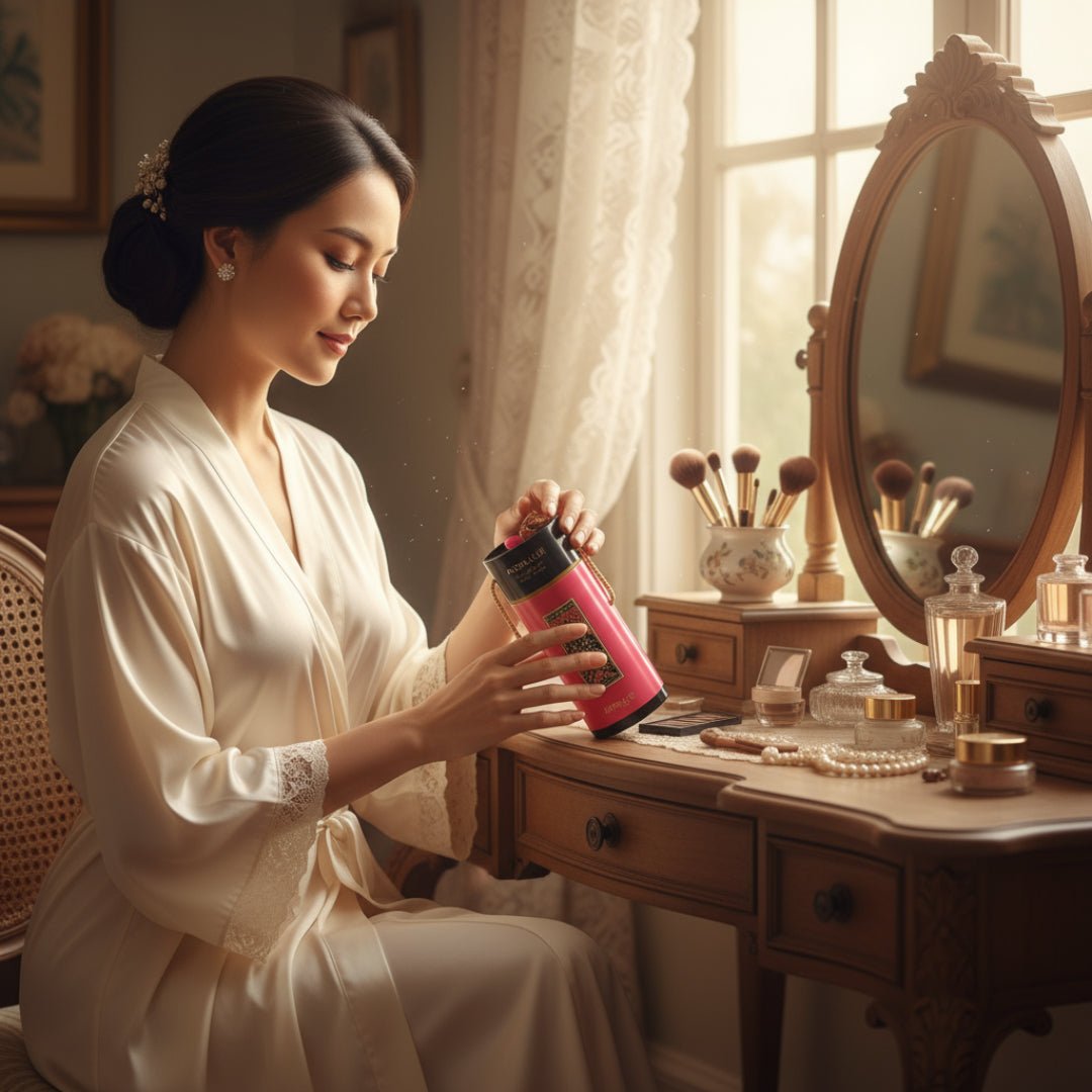 Malay woman opening Andalusi Pink by Zimaya perfume box with sunrise light luxury women fragrance Malaysia