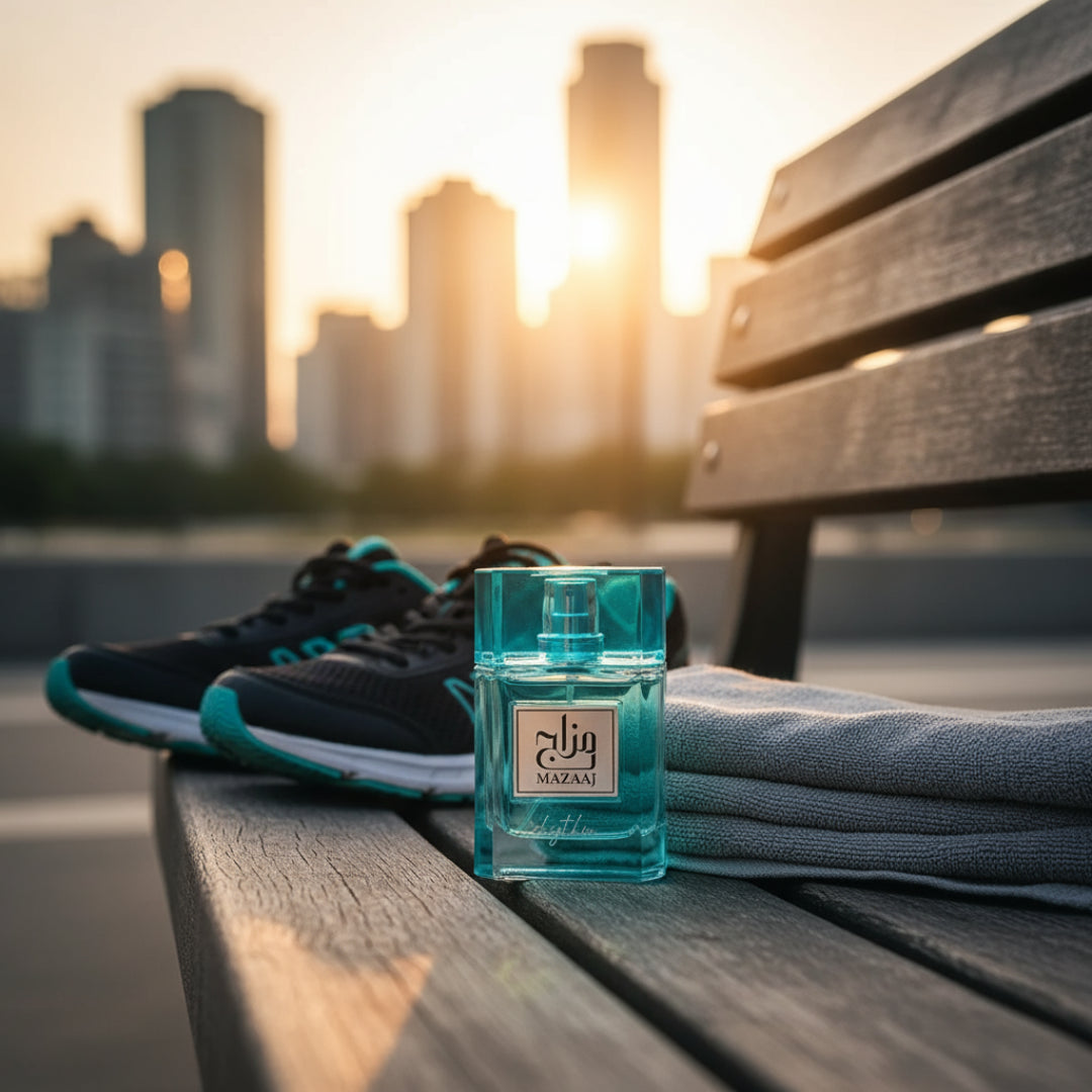 Mazaaj Rhythm by Zimaya perfume bottle on bench with sneakers and sunrise Kuala Lumpur fresh unisex scent