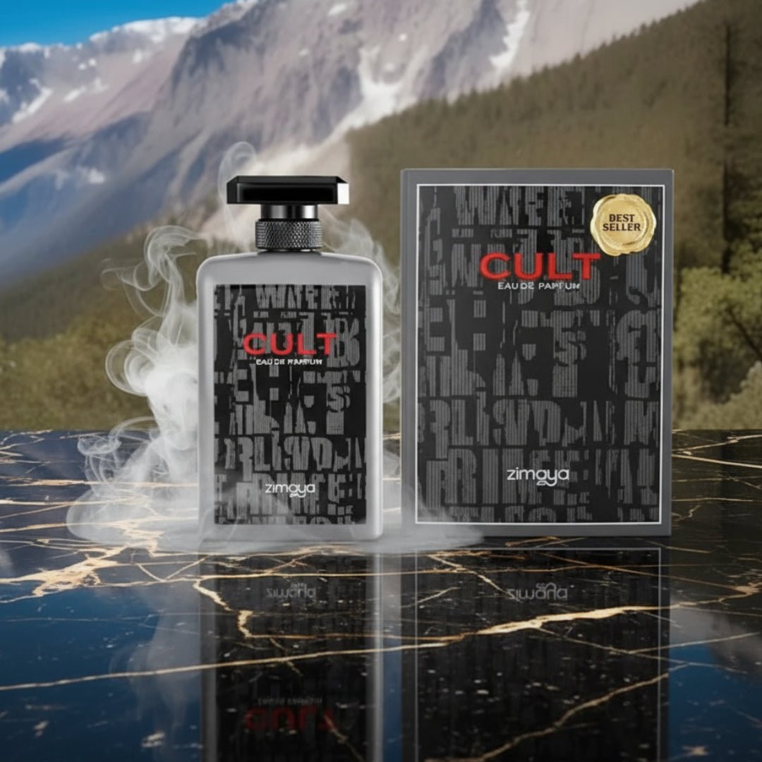 Cult by Zimaya perfume bottle on black marble with golden reflection luxury men fragrance Malaysia