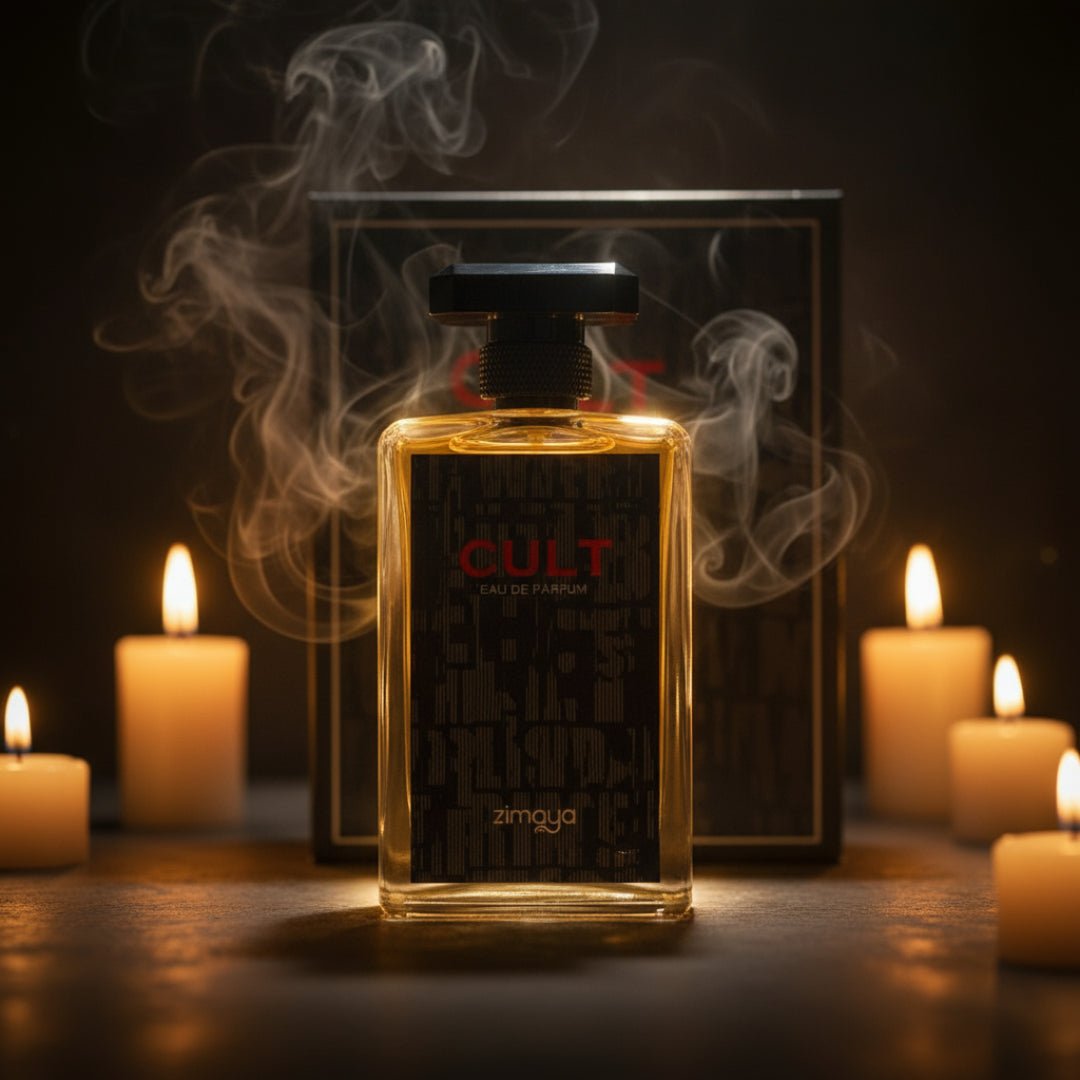Cult by Zimaya perfume bottle with candles and oud smoke gold rim light men fragrance Malaysia