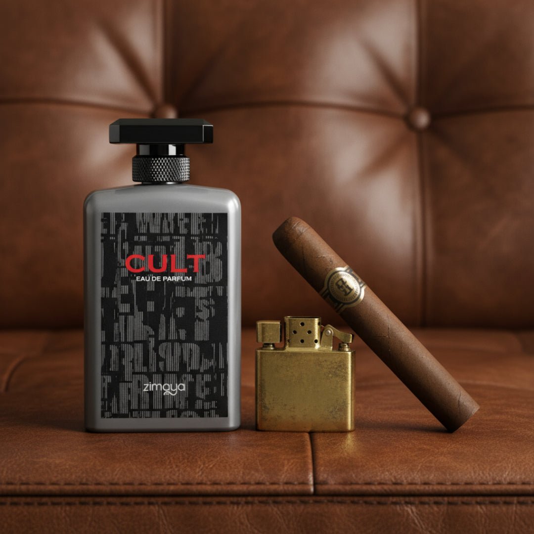 Cult by Zimaya perfume bottle on leather couch with cigar and lighter men fragrance Malaysia