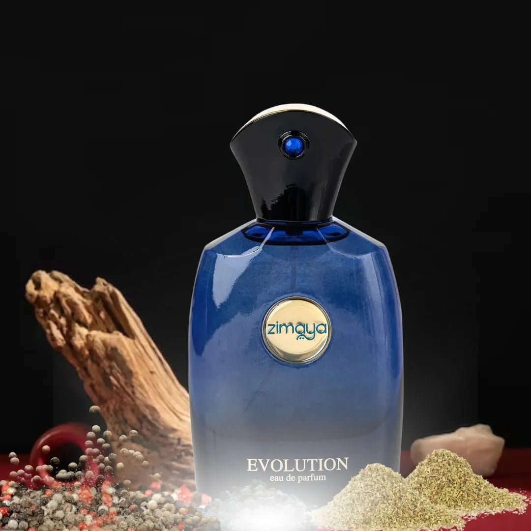 Blue perfume bottle labeled 'zimaya Evolution' with a dark background
