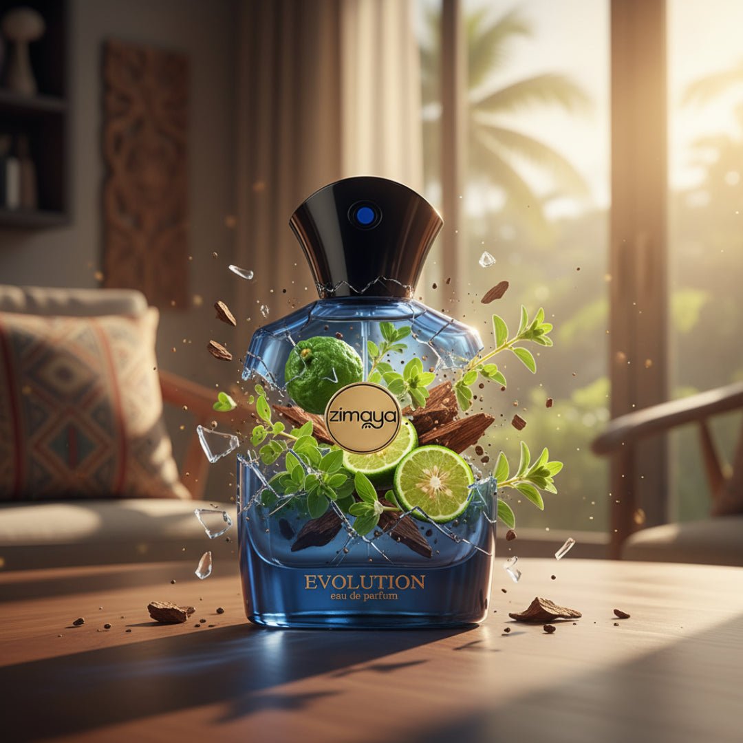 Blue perfume bottle with black cap labeled 'zimaya Evolution' on a white background