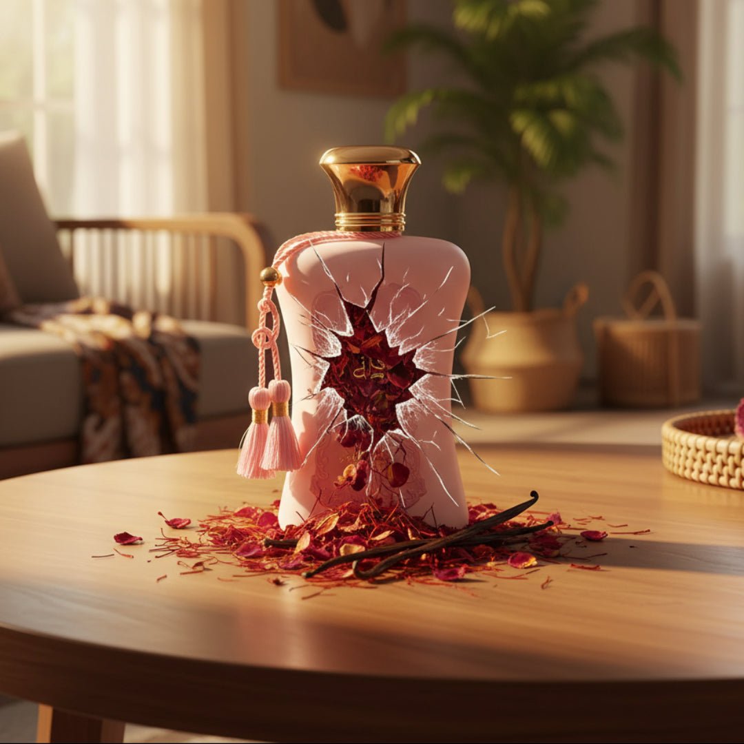 Fatima Pink Extrait perfume bottle with gold cap on a wooden table with decorative elements
