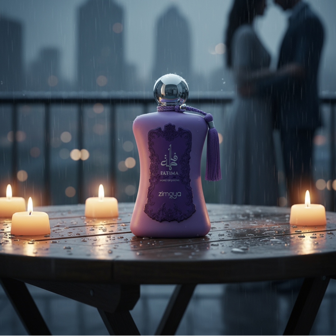 Fatima Velvet Love by Zimaya perfume bottle on balcony rain romantic women fragrance Malaysia