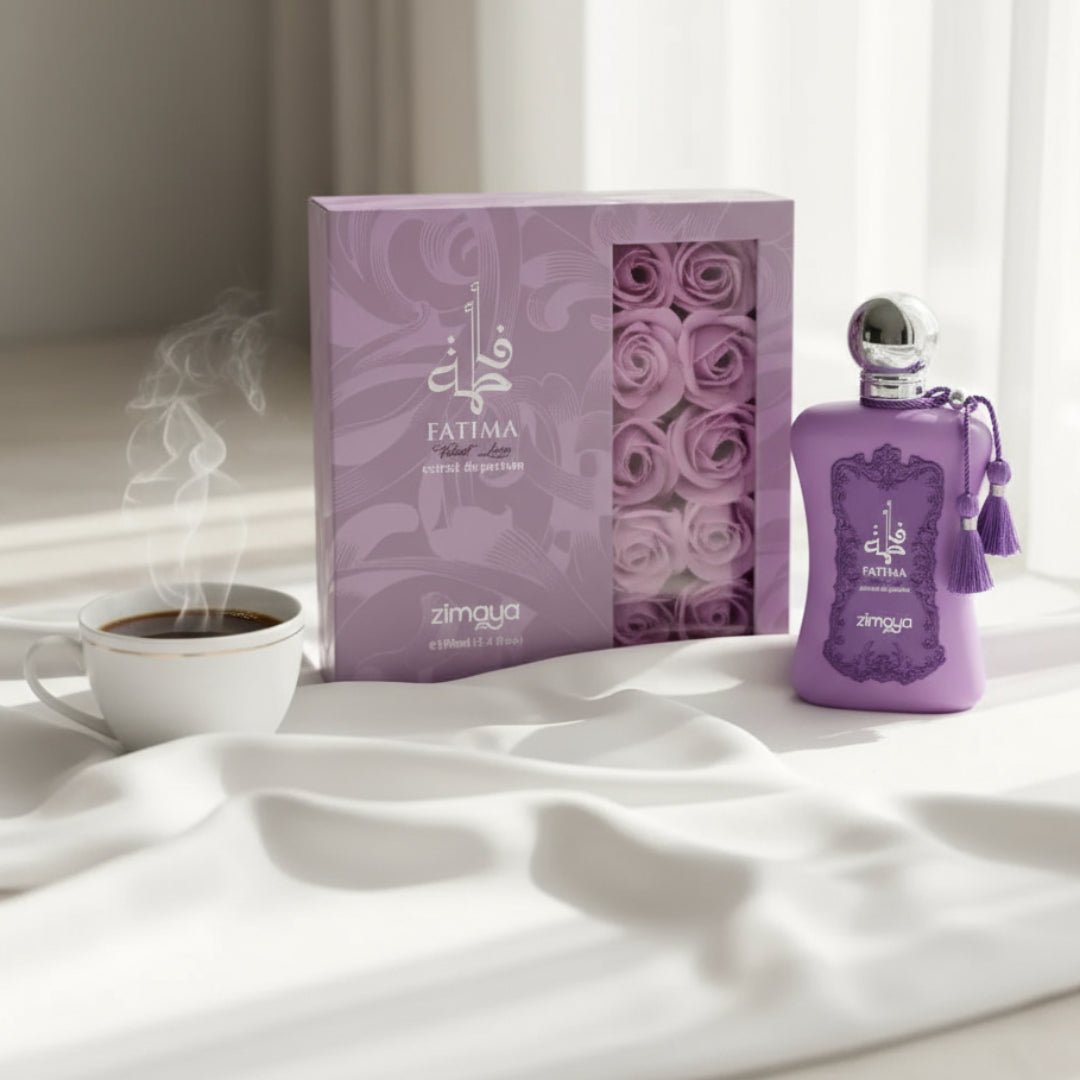 Fatima Velvet Love by Zimaya perfume bottle on silk cloth with sunlight morning women perfume Malaysia