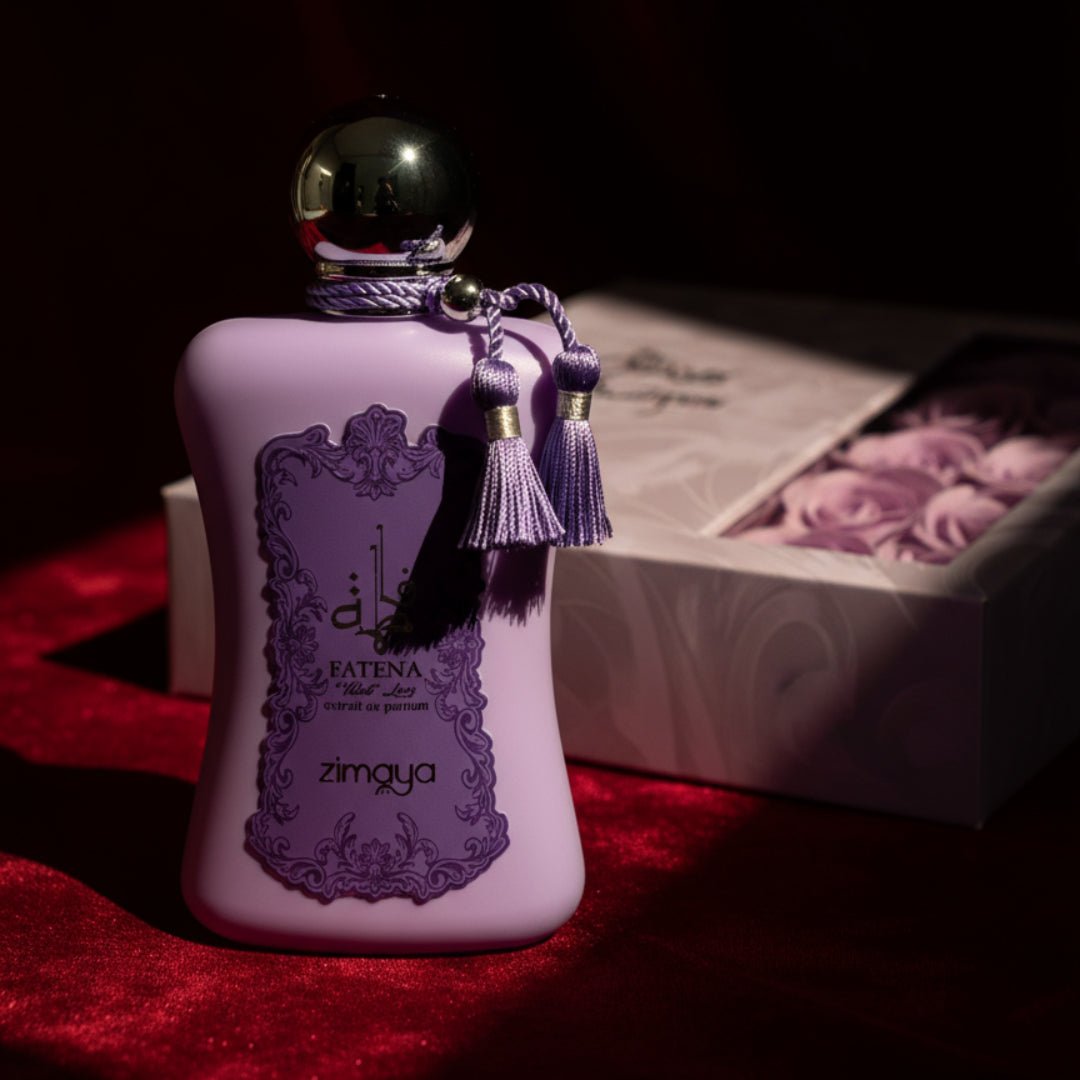 Fatima Velvet Love by Zimaya perfume bottle on velvet cloth under moonlight luxury women perfume Malaysia