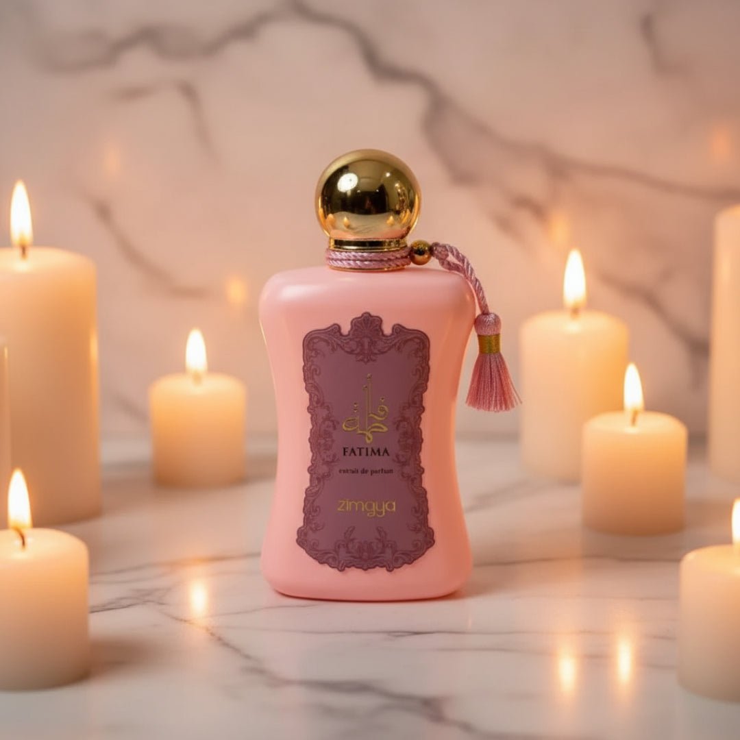 Fatima by Zimaya perfume bottle surrounded by candles on marble vanity amber light Malaysia