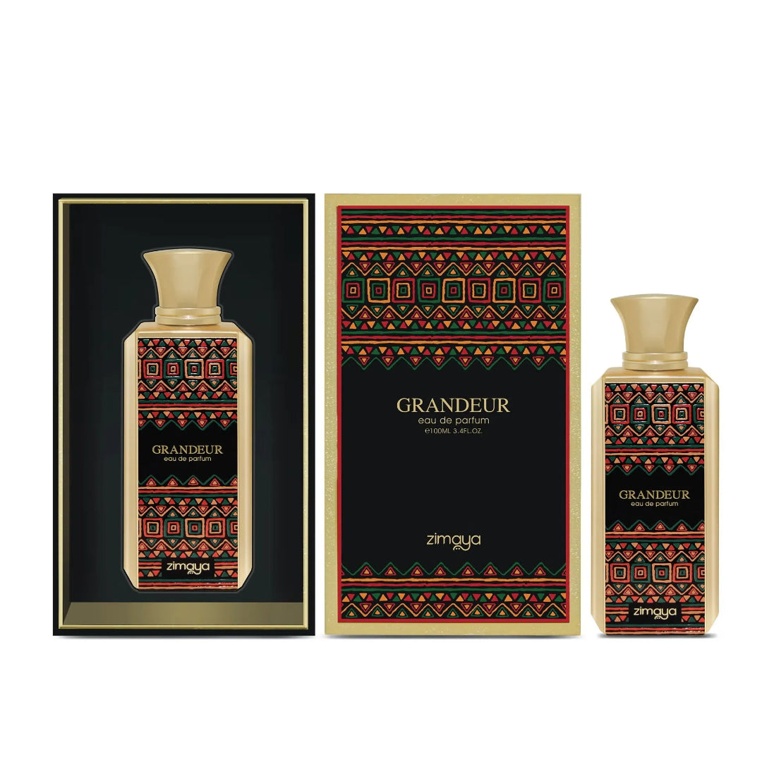 Grandeur perfume bottle and packaging on a white background