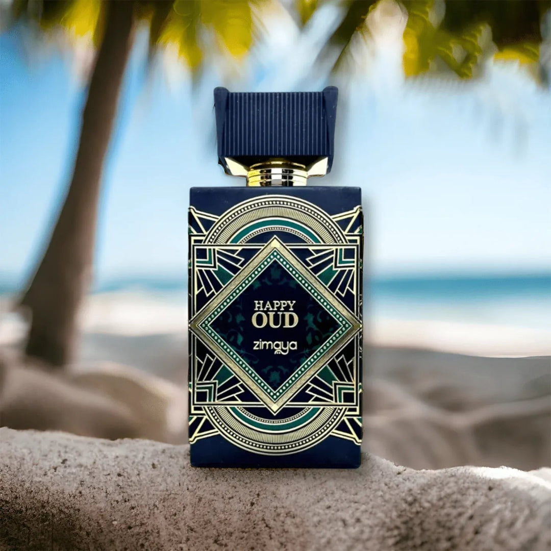 Perfume bottle labeled 'Happy Oud' by zimgya on a beach with blurred background