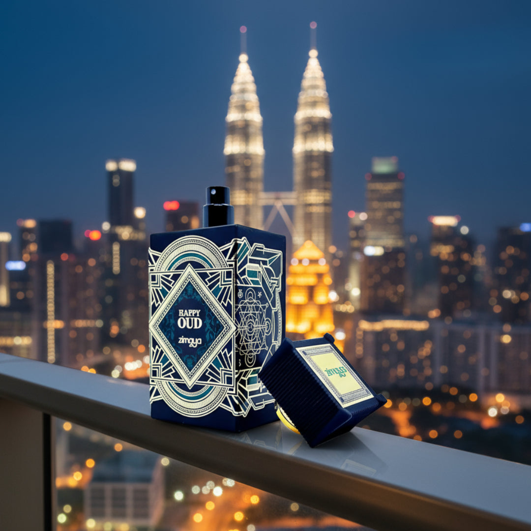 Happy Oud by Zimaya perfume bottle on balcony with KL skyline lights modern unisex fragrance Malaysia