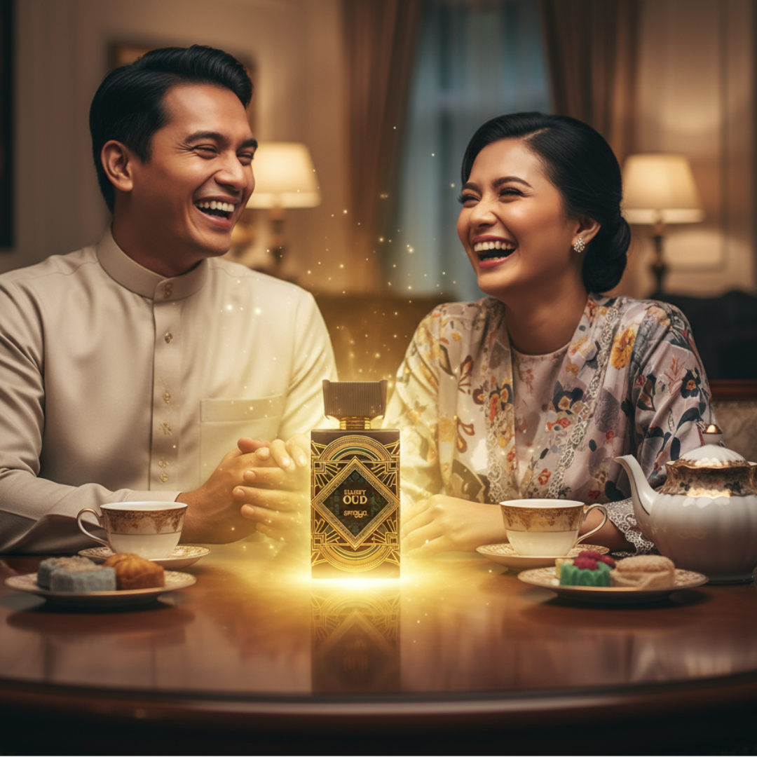 Happy Oud by Zimaya perfume bottle on table between smiling couple joyful unisex perfume Malaysia”