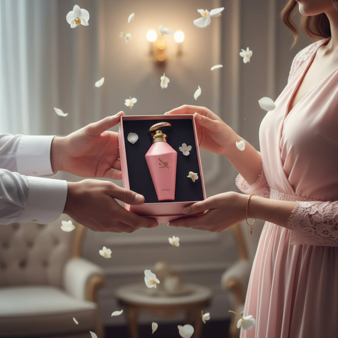 Couple exchanging pink perfume gift box romantic Malaysia