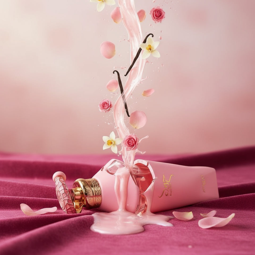 hawwa pink Broken perfume bottle turning into roses and vanilla Malaysia