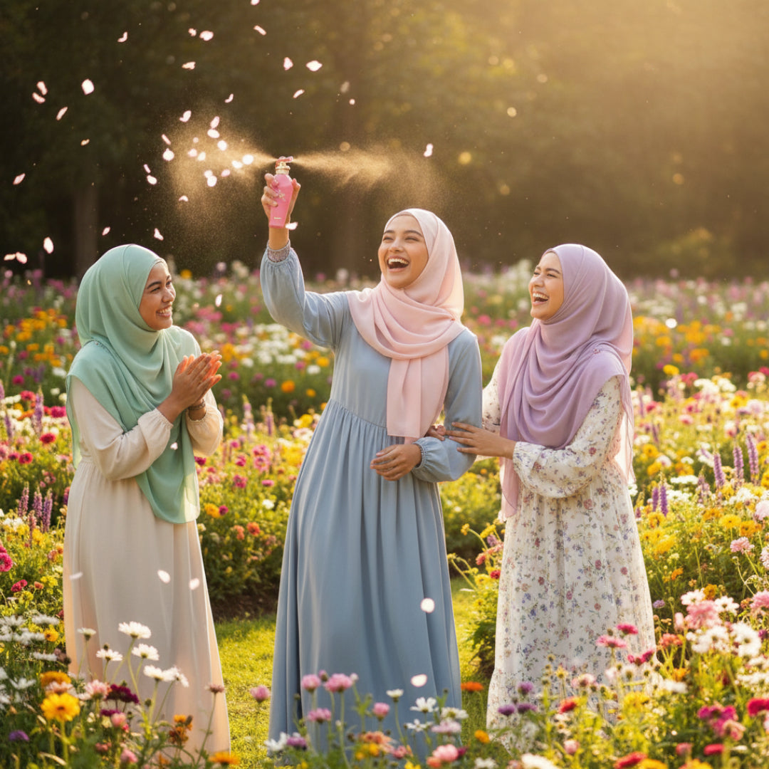 Malay hijabi women smiling spraying perfume in flower garden Malaysia”