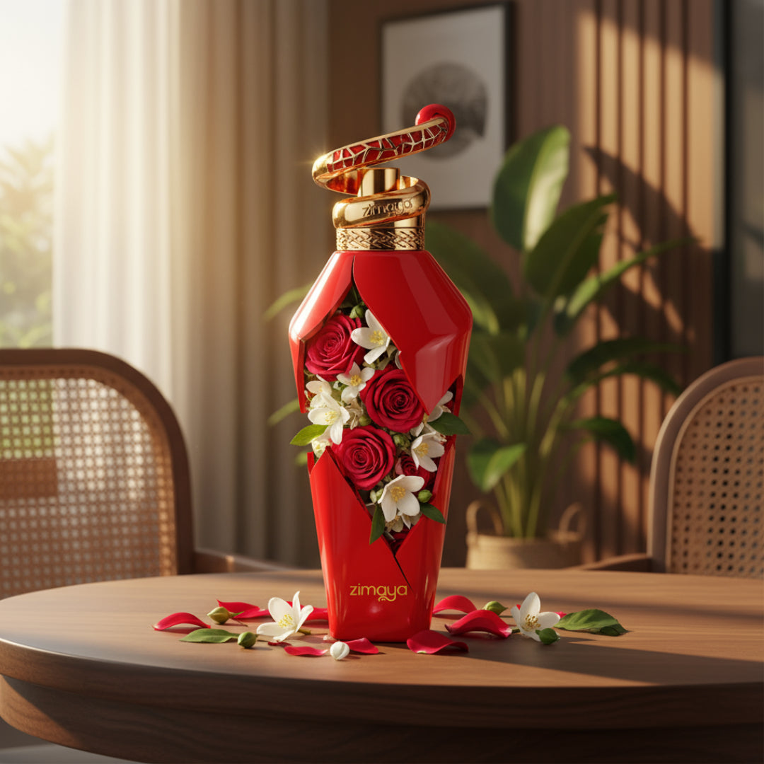 Hawwa Red 100ml EDP by Zimaya &ndash;Decorative red bottle with flowers on a wooden table, brand 'zingaya' visible