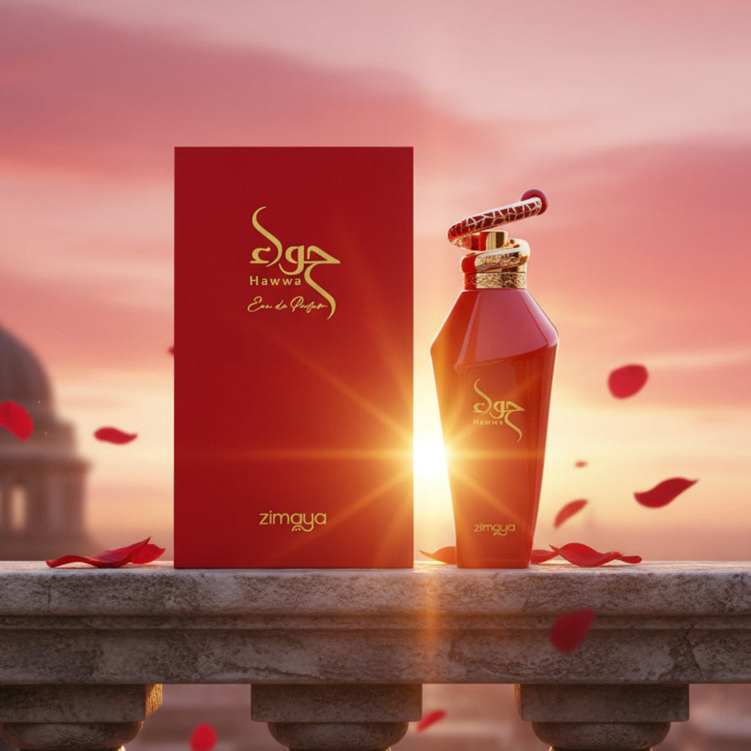 Hawwa Red by Zimaya perfume bottle on balcony with red sunset and rose petals romantic women perfume Malaysia