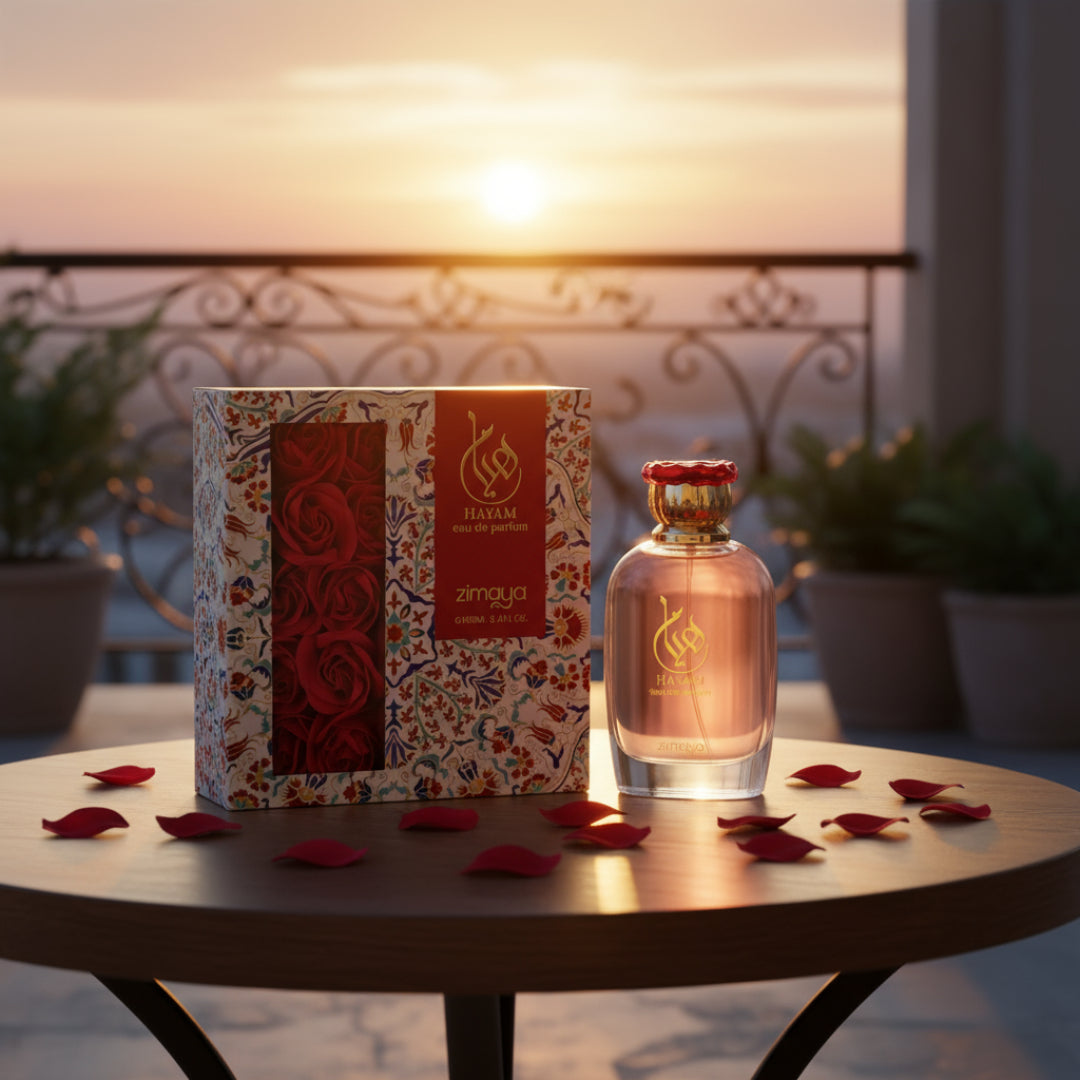 Hayam by Zimaya perfume bottle on balcony with rose petals and gold sunset romantic women fragrance Malaysia