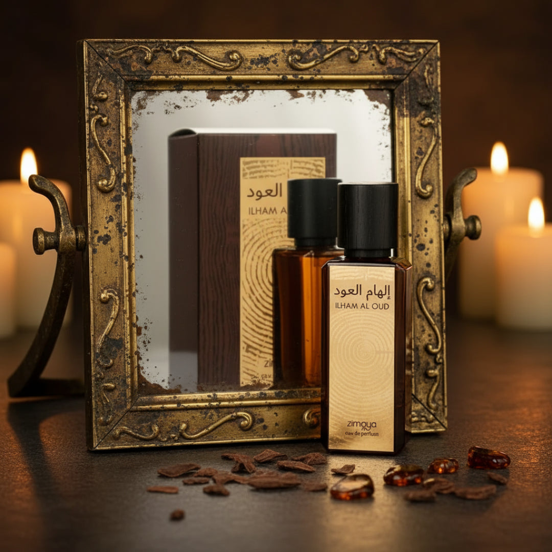 Ilham Al Oud Unisex perfume bottle reflected in antique brass mirror with oud amber Malaysia