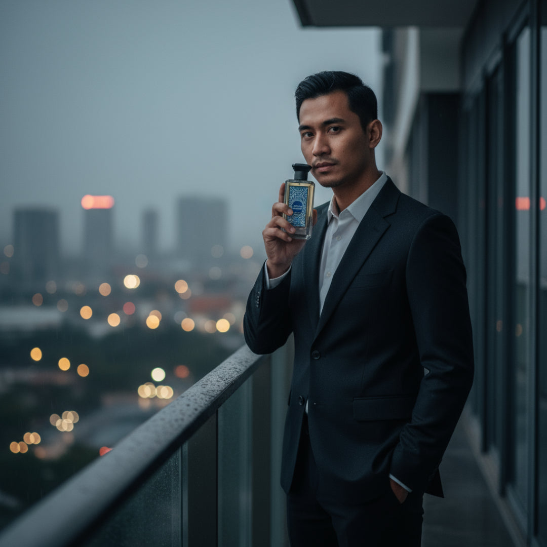 Malay man in suit holding perfume Inekas balcony night rain city Malaysia