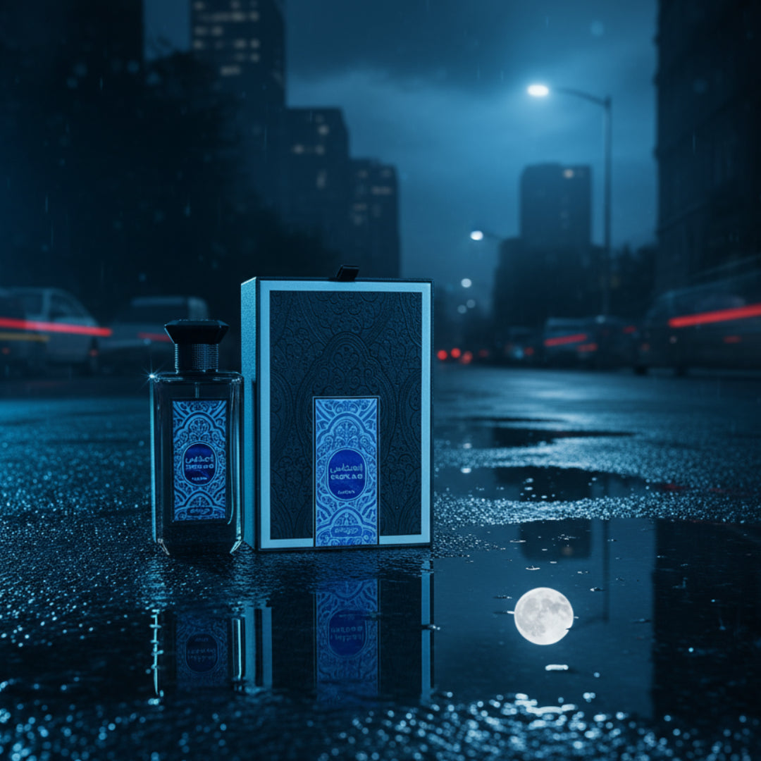 Men’s perfume Inekas Luna bottle on wet street with moon reflection neon blue Malaysia”