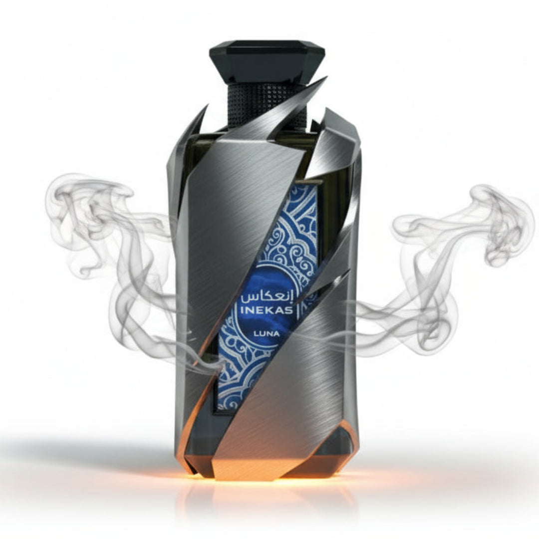 Inekas Luna Perfume bottle with steel armor and amber smoke unisex fragrance Malaysia