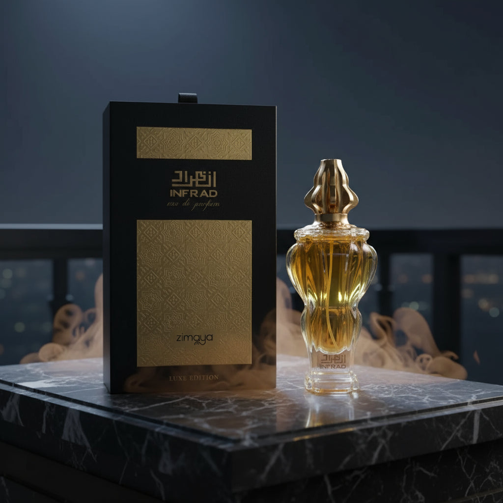 Men’s perfume bottle on moonlit marble balcony midnight Malaysia