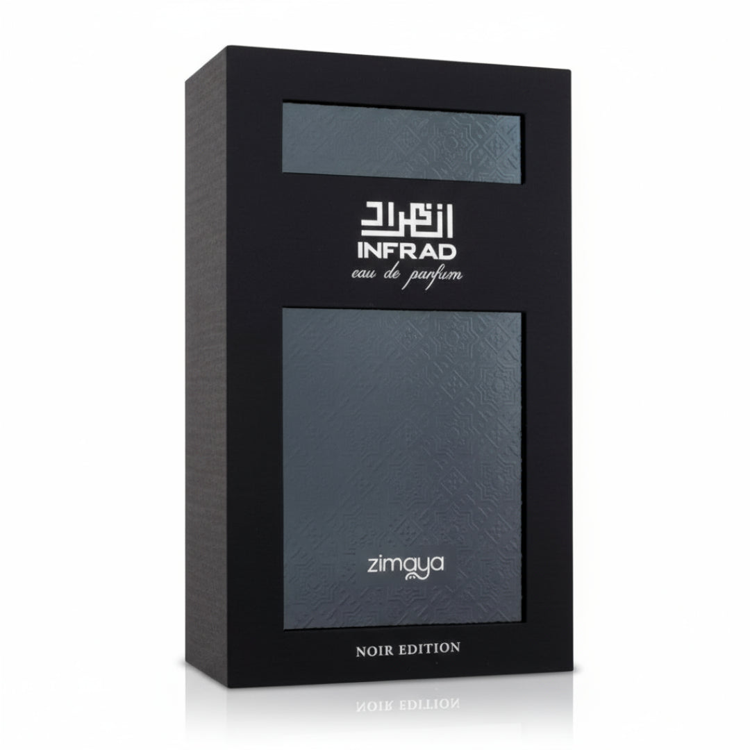 Black perfume box with 'INFRAD' and 'zimaya' branding on a white background