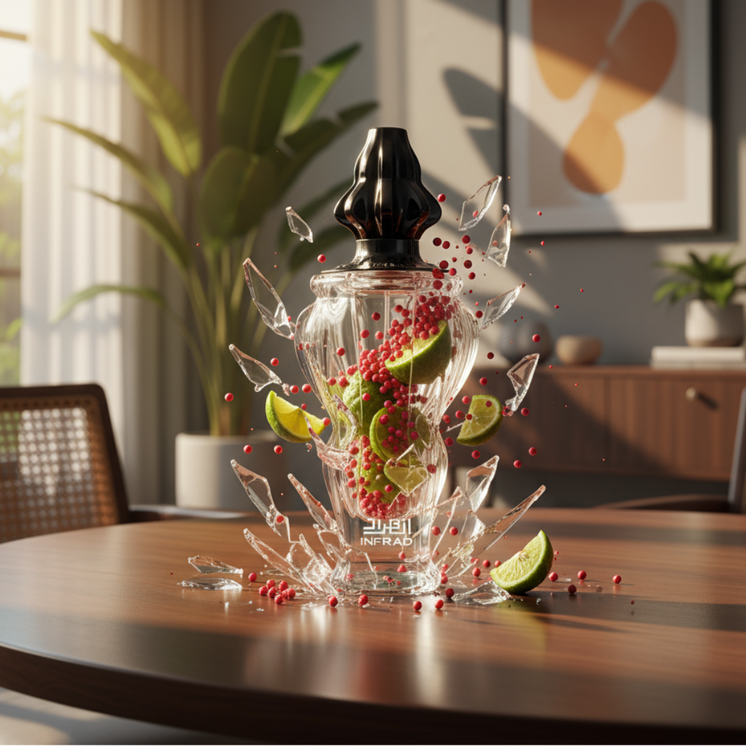 Glass perfume bottle with fruit on a wooden table in a room with plants and a painting.