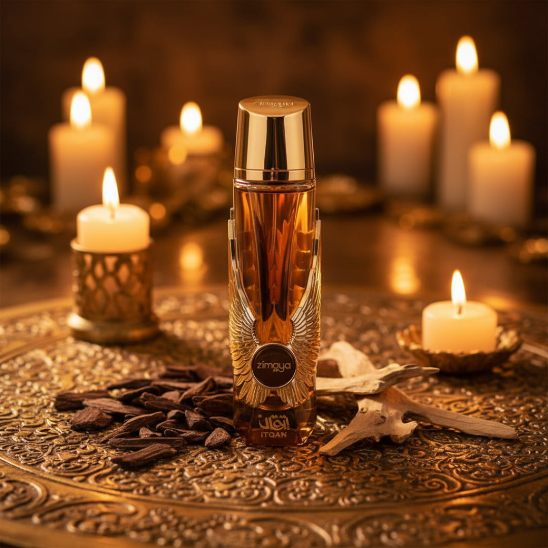 Itqan Gold by Zimaya perfume bottle with oud chips and gold reflections unisex fragrance Malaysia