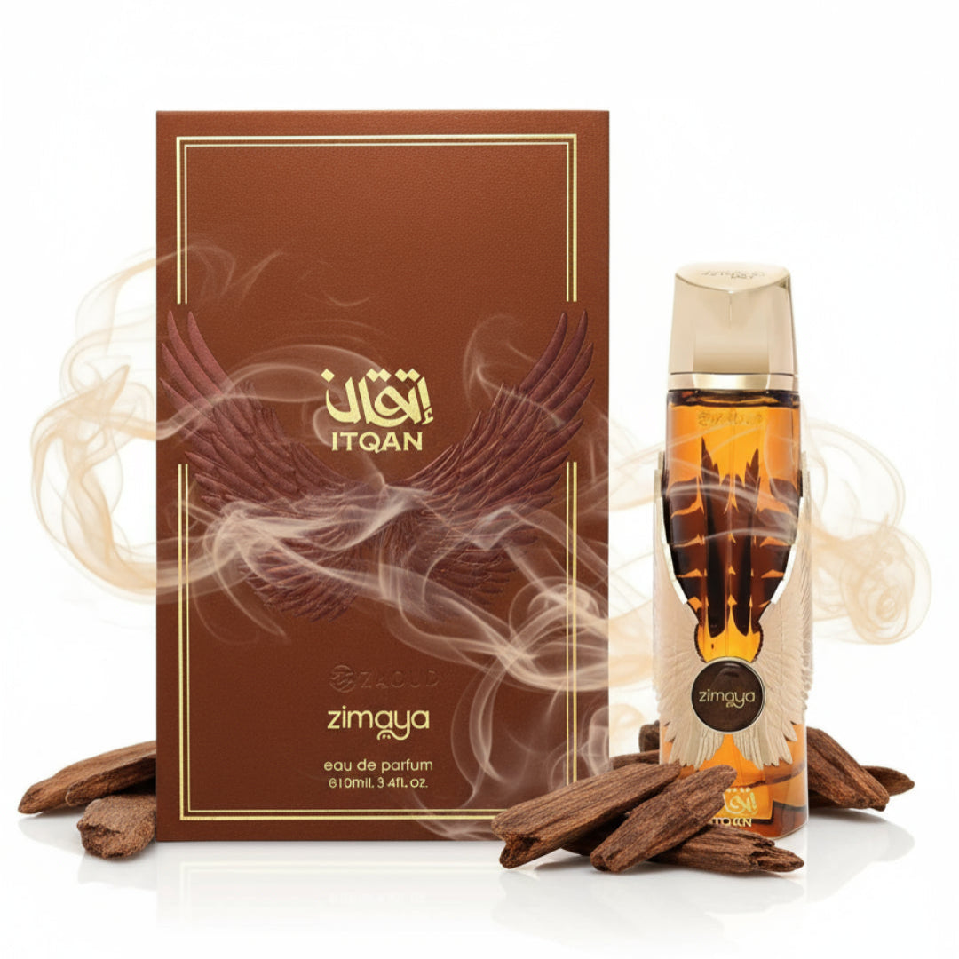 Itqan Gold by Zimaya perfume bottle with oud wood and smoke gold lighting unisex fragrance Malaysia