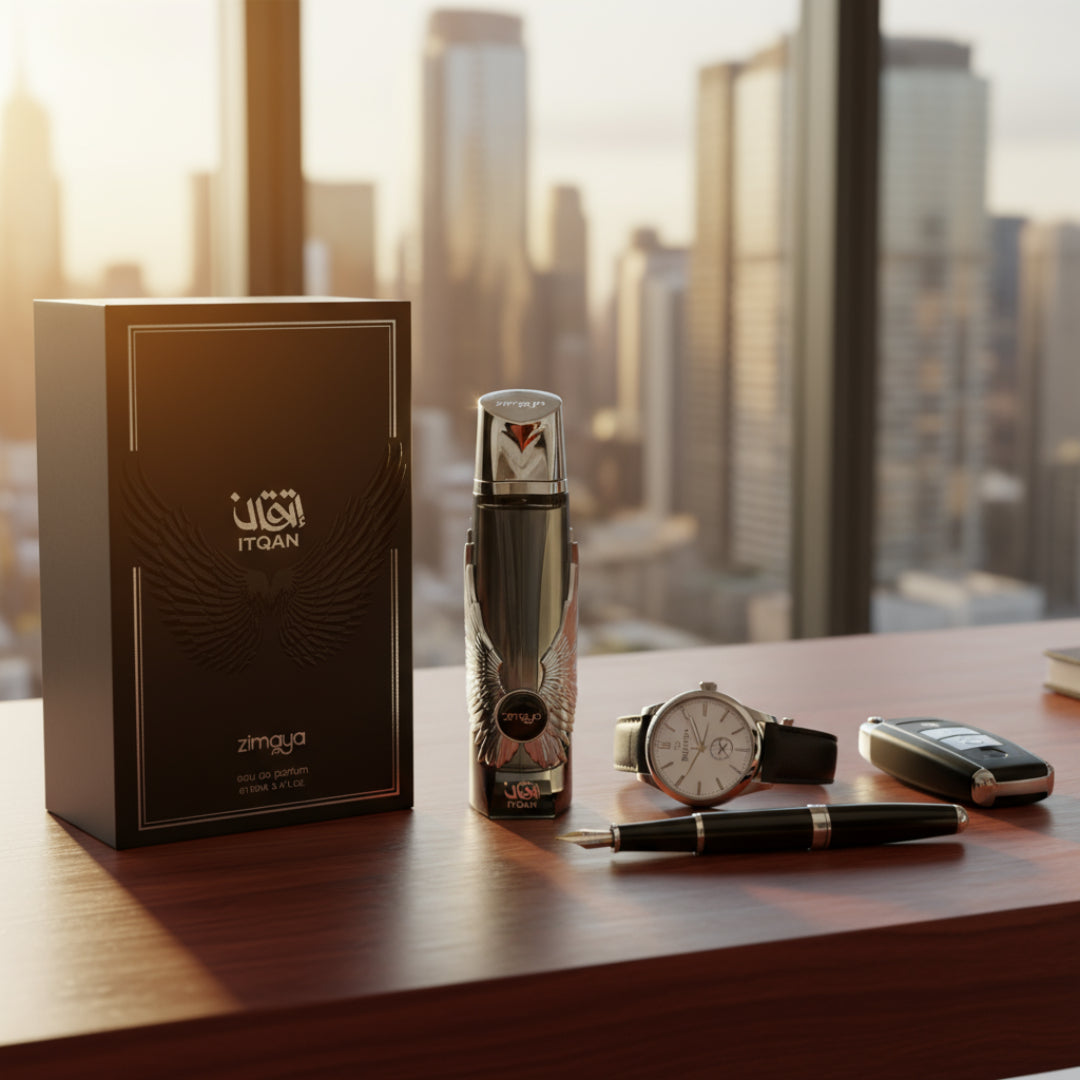 Itqan Noir by Zimaya men perfume bottle on mahogany desk with watch and car key elegant office Malaysia