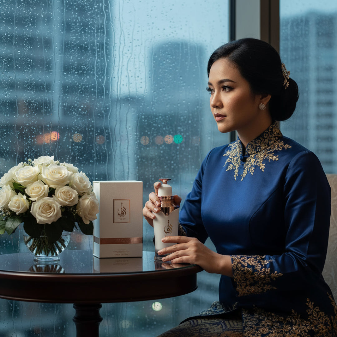 Malay woman holding Taraf White by Zimaya perfume at rainy window in Malaysia
